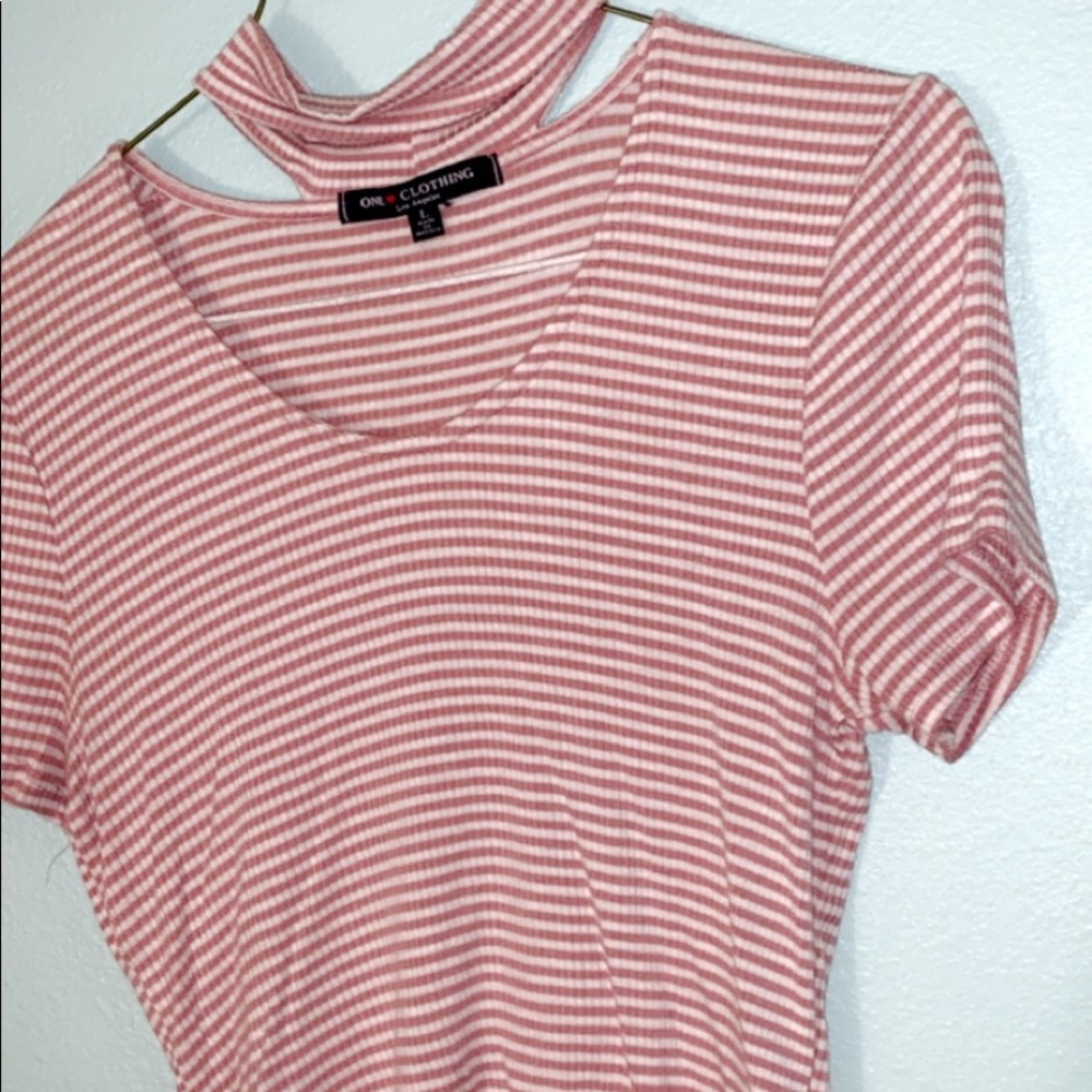 Striped pink & white cropped shirt with high neck